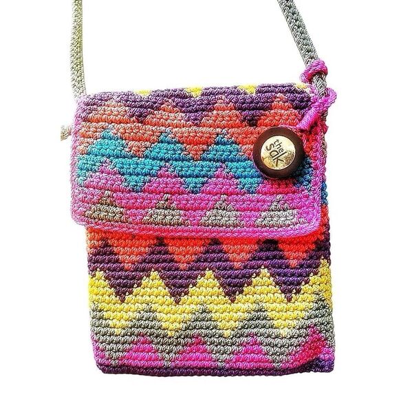 The Sak Multicolored Chevron Design Crochet Bohemian Coquette Crossbody Bag EUC - Picture 2 of 10